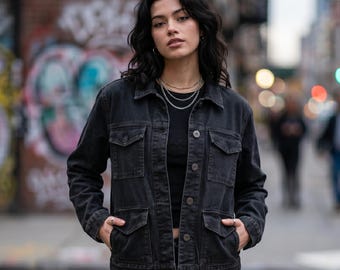 Chaqueta vaquera vaquera negra desgastada hecha a mano - Ropa urbana de lujo de cuatro bolsillos para la Generación Z - Prenda exterior vaquera informal inspirada en la película Scary Movie 2026