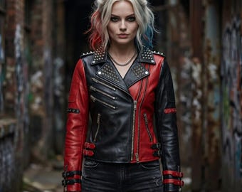 Chaqueta corta de cuero punk negra y roja hecha a mano para mujer con tachuelas - Abrigo motero heavy metal plateado con pinchos - Estilo urbano rockero Quinn Star
