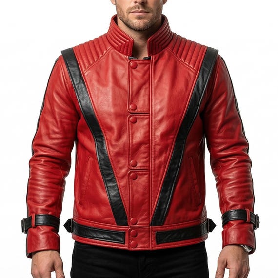Handmade Men's Pop Icon Red Leather Jacket - Iconic Music Thriller