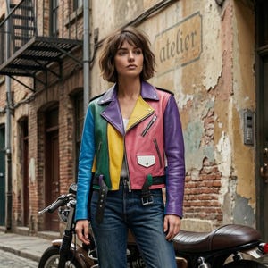 May include: A multi-colored leather jacket with blue, green, yellow, pink, and purple panels. The jacket has a black collar, zippers, and a belt. The model is wearing blue jeans. A motorcycle is parked behind the model.