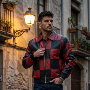 May include: A red and black checkered leather jacket with a zipper closure. The jacket has a classic collar and ribbed cuffs. The person in the image is wearing a watch with a brown leather strap. The jacket is a stylish outerwear piece.