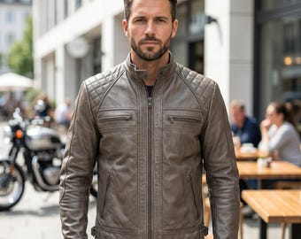 Chaqueta Cafe Racer de cuero encerado gris diamante hecha a mano - Abrigo de motociclista acolchado de piel de cordero para hombre, estilo streetwear.