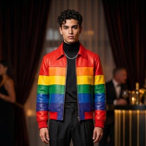 May include: A rainbow-colored leather jacket with a red collar and cuffs. The jacket features horizontal stripes in the colors of the rainbow: red, orange, yellow, green, blue, and purple. The jacket is worn over a black turtleneck and paired with black pants.