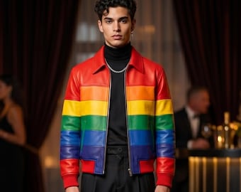 Chaqueta bomber de cuero arcoíris hecha a mano para la generación Z: chaqueta unisex vegana con rayas de espectro completo, color vibrante del orgullo gay.