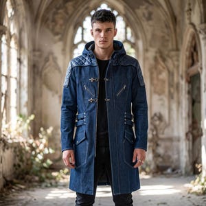 Handmade Men’s Denim & Leather Demon Hunter Hooded Coat - Gothic Fantasy Tactical Biker Assassin Jacket - Heavy Duty Monster Devil Gear