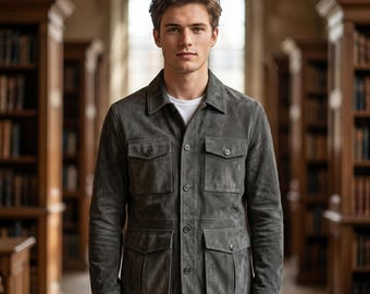 Chaqueta vaquera de ante gris hecha a mano con botones - Abrigo clásico minimalista de cuatro bolsillos para estilo urbano