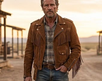 Chaqueta de motociclista para hombre hecha a mano en gamuza color canela con flecos y borlas - Abrigo asimétrico estilo Brando Western Biker - Chaqueta Frontier Rider de gamuza color canela con cinturón