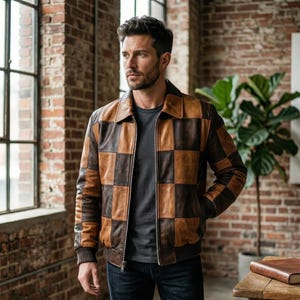 May include: A brown and tan checkered leather jacket with a zipper closure. The jacket has a collared neckline and ribbed cuffs and hem. The person in the image is wearing a gray t-shirt and blue jeans.