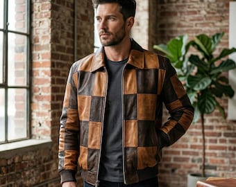 Chaqueta de cuero hecha a mano estilo vintage Caramel Crunch con patchwork geométrico - Chaqueta bomber de vuelo en tonos tierra con diseño de panel único B3