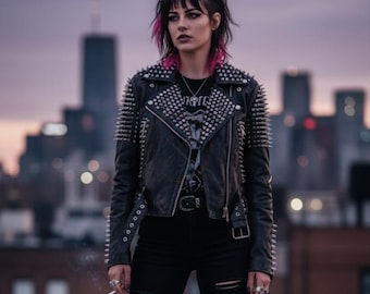 Chaqueta de cuero estilo motero, hecha a mano, estilo heavy metal punk rock, con tachuelas y pinchos - Abrigo motero ciber gótico plateado con pinchos - Prenda de abrigo rebelde negra con tachuelas