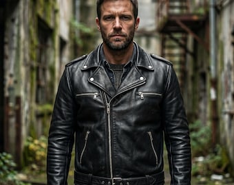 Chaqueta de cuero negra estilo motero hecha a mano de Negan Walking - Abrigo motero asimétrico icónico de piel de oveja auténtica - Ropa urbana inspirada en la serie Rugged