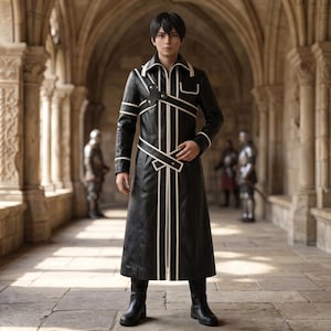 May include: A black leather coat with white trim and accents. The coat features a high collar, a zip-up front, and a belted waist. The coat is worn with black boots. The background shows a stone corridor with arched ceilings and pillars.