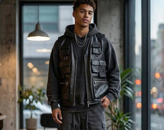 Chaleco táctico de cuero hecho a mano estilo streetwear recargado - Chaleco utilitario urbano multibolsillos para hombre - Chaleco de piel de cordero estilo vaquero Techwear negro