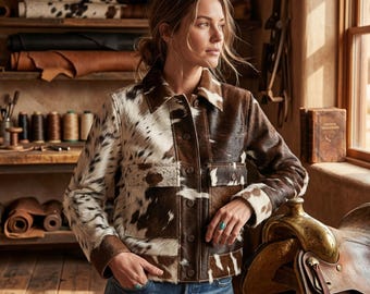Chaqueta de cuero de vaca con pelo, estilo americano, hecha a mano - Abrigo de motociclista con estampado natural único - Chaqueta vaquera tradicional de piel de vaca auténtica