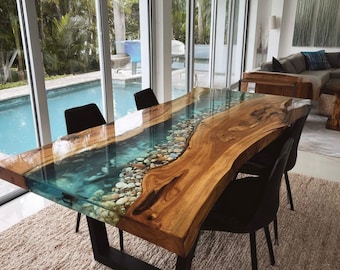 Handmade Epoxy River Dining Table, Live Edge Wood Slab