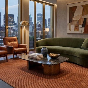 May include: A modern living room with a cityscape view. Features include a green velvet sofa, brown leather armchairs, a marble coffee table, and a rust-colored rug. A gold floor lamp and abstract art complete the decor.
