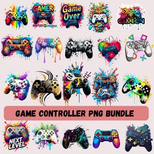 May include: A collection of colorful game controller designs with paint splatter effects. Some controllers have text that says "Gamer", "Game Over", and "Next Level". The phrase "Game Controller PNG Bundle" is also present.