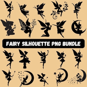 Peut inclure: Plusieurs silhouettes noires de fées dans diverses poses, notamment en vol, tenant des objets et assises sur des lunes. Le texte "FAIRY SILHOUETTE PNG BUNDLE" est affiché sur une bannière noire. Le fond est beige clair.