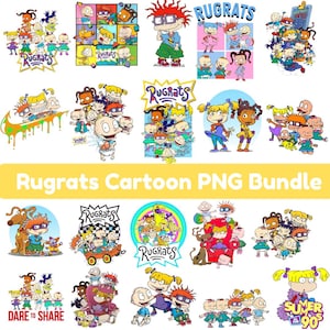 Puede incluir: Una colección de imágenes PNG de dibujos animados de Rugrats coloridas. Las imágenes presentan varios personajes y logotipos de la serie animada, incluido el título del programa y personajes individuales en diferentes poses. Adecuado para proyectos de diseño digital.