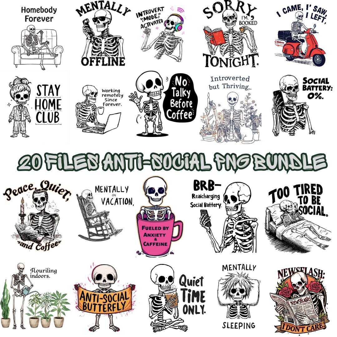 Skeleton PNG Bundle, Introvert Social Anxiety Sarcastic Humor (digital ...