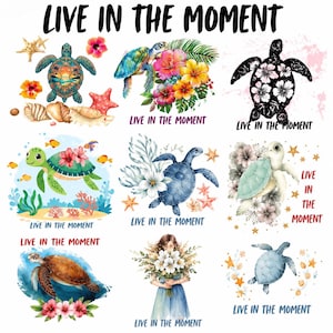 May include: A collection of nine digital illustrations featuring sea turtles, tropical flowers, seashells, and starfish. Each design includes the text LIVE IN THE MOMENT. The artwork displays various artistic styles, including watercolour, floral patterns, and silhouettes.