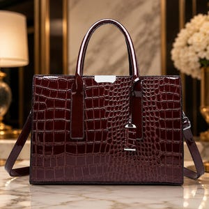 Puede incluir: Bolso de mano de cuero burdeos con acabado brillante y textura de piel de cocodrilo. El bolso tiene un asa superior, una correa para el hombro y un cierre plateado. El bolso es rectangular y tiene un diseño estructurado.