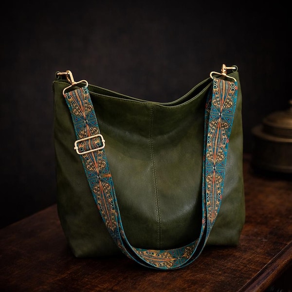 Vintage Leather Bucket Bag Women Large Capacity Crossbody Shoulder Bag Wide Strap Minimalist Sling Purse Everyday Commuter Tote