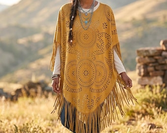 Camel Suede Fringe Shawl Cape – Floral Hollow Out Poncho Tassel Wrap