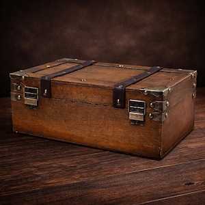 May include: A rectangular wooden chest with dark brown leather straps and brass-colored metal accents. The chest has a hinged lid and metal clasps. The wood grain is visible, and the chest sits on a dark wooden surface.