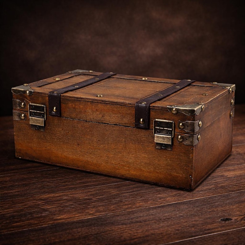 May include: A rectangular wooden chest with dark brown leather straps and brass-colored metal accents. The chest has a hinged lid and metal clasps. The wood grain is visible, and the chest sits on a dark wooden surface.