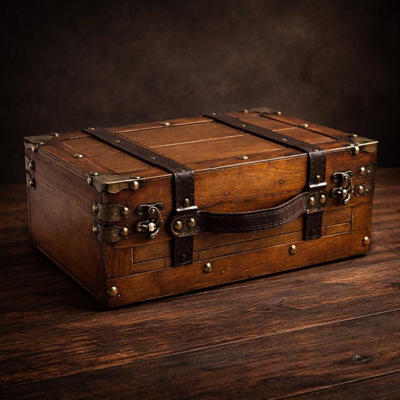 May include: A rectangular wooden chest with a dark brown finish, brass corner protectors, and leather straps. The chest has a leather handle and metal clasps. The chest is sitting on a wooden surface.