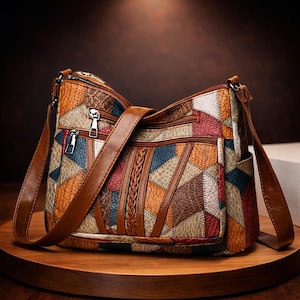 May include: A multi-colored patchwork crossbody bag with a brown leather strap and accents. The bag features a variety of geometric shapes in shades of orange, blue, red, and brown. It has multiple zippered compartments and a braided detail.