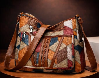 Vintage Leather Crossbody Bag for Women | Elegant Shoulder Handbag, Multi-Pocket Travel Purse, Everyday Retro Crossbody Tote