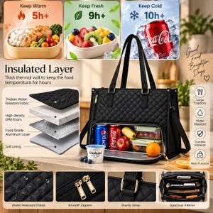 May include: A black quilted insulated lunch tote bag featuring a spacious interior, water-resistant fabric, and smooth zippers. The bag includes a thermal layer with EPM foam and aluminum lining to maintain food temperatures, shown with various food items.