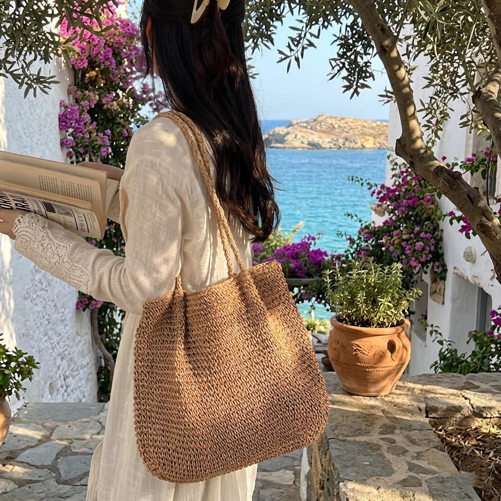 Handmade Straw Shoulder Bag Woven Tote Natural Fiber Summer Beach Bag ...