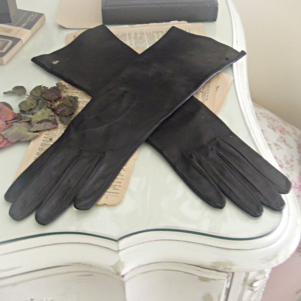 Vintage Black Kid Leather Gloves / Long Black Leather Evening Gloves