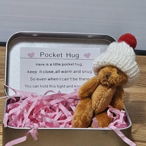 May include: A miniature brown teddy bear wearing a white knitted hat with a red bobble, presented in a silver tin. The tin is filled with pink paper and a card that reads "Pocket Hug".