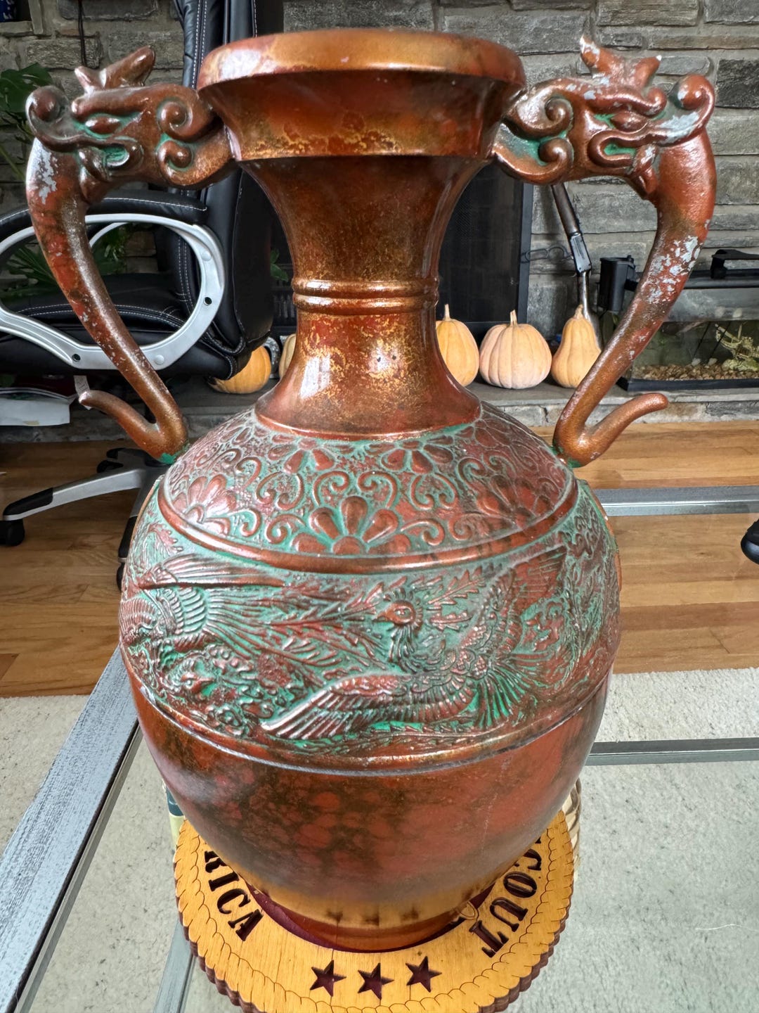 Vintage Japanese Dragon Handle Vase, Bronze-style Phoenix Relief