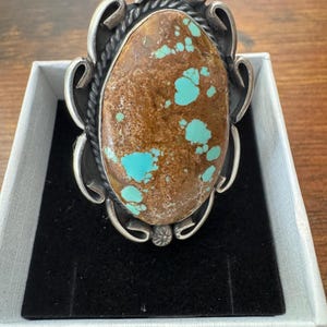 Navajo Sterling Silver Turkosring av Gilbert Nez – Signerad – Storlek 7.5 – Statementring