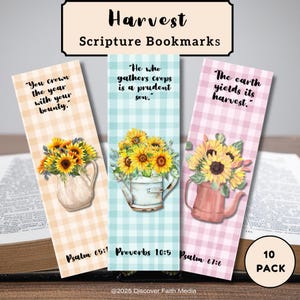 May include: Three rectangular paper bookmarks featuring a gingham pattern in peach, light blue, and pink. Each bookmark displays a watercolor illustration of sunflowers in a pitcher or watering can and includes a printed scripture verse.