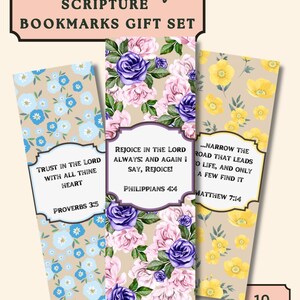 May include: Mother's Day scripture bookmarks gift set. The set includes ten bookmarks with floral designs and Bible verses. The bookmarks feature blue, purple, and yellow flowers. The text includes "Trust in the Lord", "Rejoice in the Lord", and "Narrow the road".
