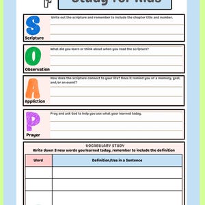 以下が含まれることがあります： 「The S.O.A.P Bible Study for Kids」というタイトルの、印刷可能なPDFワークシート。聖書、観察、適用、祈りのセクションと、語彙学習セクションが含まれています。デザインは明るい緑色の背景です。