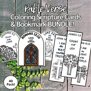 May include: A bundle of Bible Verse Coloring Scripture Cards & Bookmark BUNDLE! includes cards and bookmarks with religious quotes and illustrations. The cards and bookmarks feature the text "PROVERBS 3:5", "ROMANS 12:10", "LUKE 24", "JOHN 14", "JAMES 1:2", and "HN 8:12".