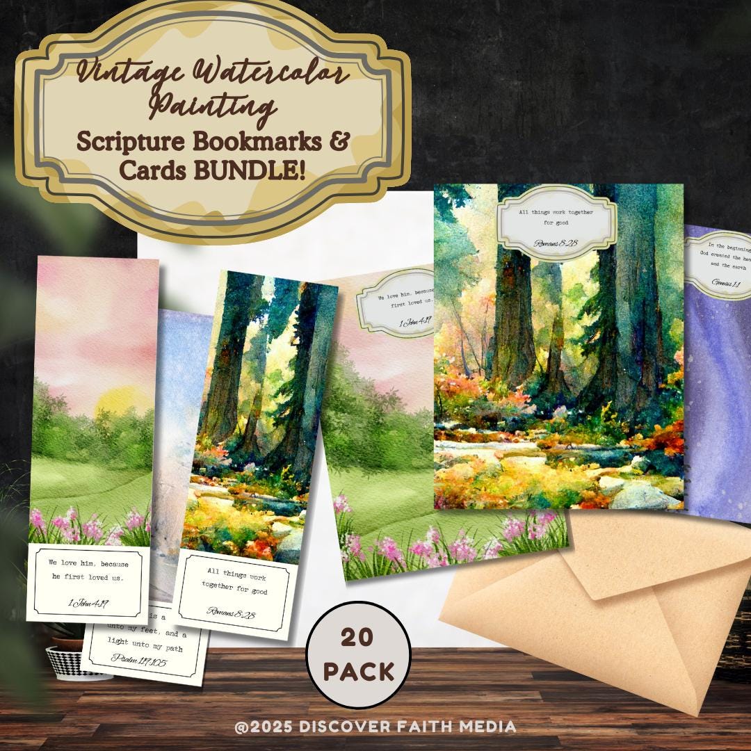 Vintage Watercolor Painting Scripture Card & Bookmark BUNDLE Set ...