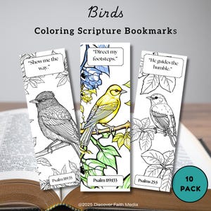 May include: Three bird-themed coloring scripture bookmarks with the text "Birds Coloring Scripture Bookmarks". Each bookmark features a different bird illustration and a Bible verse. The bookmarks are displayed on top of an open book. A green circle with the text "10 PACK" is in the bottom right.