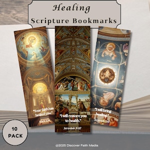 Peut inclure: Un lot de dix marque-pages avec des images religieuses. Chaque marque-page présente une image différente et un verset biblique sur la guérison. Les marque-pages ont un style vintage et sont conçus pour être utilisés dans les livres.
