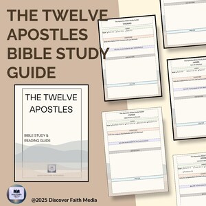 May include: A Bible study guide titled "The Twelve Apostles" with a cover featuring the title and a landscape design. Several study pages are visible, each with sections for verses, scripture, reflection, and prayer. The background is a light brown color.