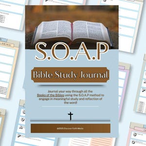 Peut inclure: Un journal d'étude biblique avec le texte "S.O.A.P Bible Study Journal" et la phrase "Journal your way through all the Books of the Bibles using the S.O.A.P method to engage in meaningful study and reflection of the word !" L'image comprend également un livre ouvert.