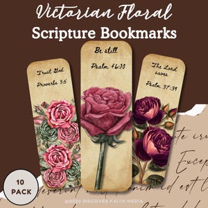 Può includere: Segnalibri floreali vittoriani con versetti biblici. Ogni segnalibro presenta una rosa ad acquerello e una citazione: "Confida nel Signore, Proverbi 3:5", "Fermatevi, e conoscete, Salmo 46:10", e "Il Signore salva, Salmo 37:39". Il set include 10 segnalibri.