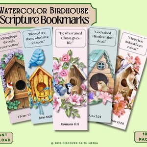 May include: Watercolor birdhouse scripture bookmarks. Each bookmark features a unique birdhouse design with floral accents and a Bible verse. The set includes 10 bookmarks, perfect for personal use or gifting.